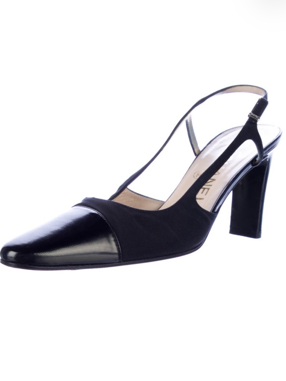 CHANEL Black Satin and Patent Slingback Pumps